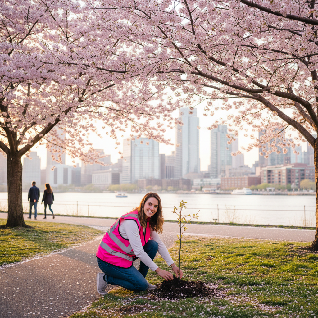 Cherry Blossom Trees Safeguarded by Volunteers Amid Spring Blooms