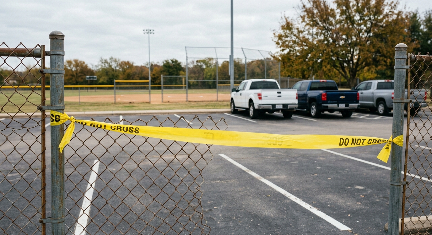 yellow police tape tied to a chain-link fence separating an empty community softball field from a paved parking lot, a few pickup trucks parked in the backgroun