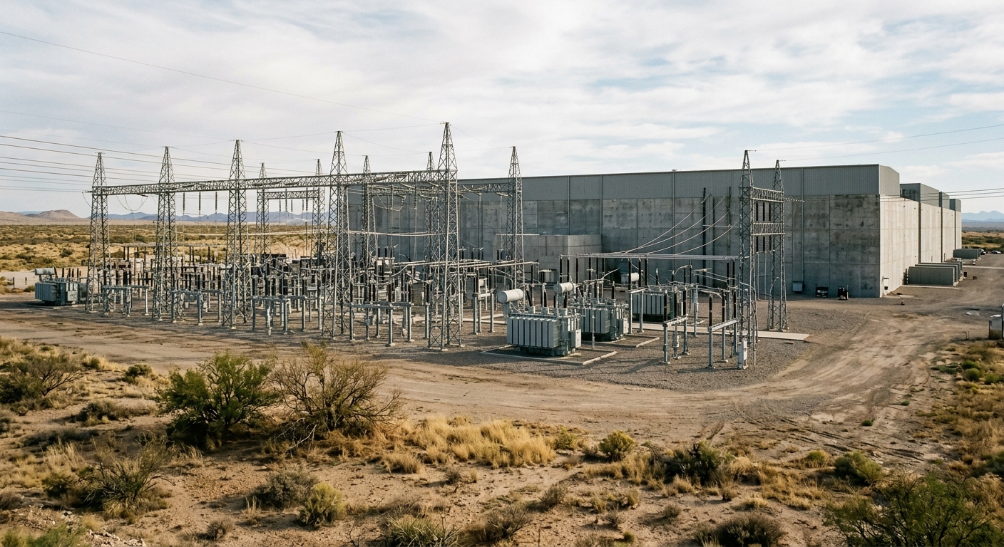 a large outdoor electrical substation connected to a massive, windowless industrial data center building situated on a flat, arid landscape with dry grass and m