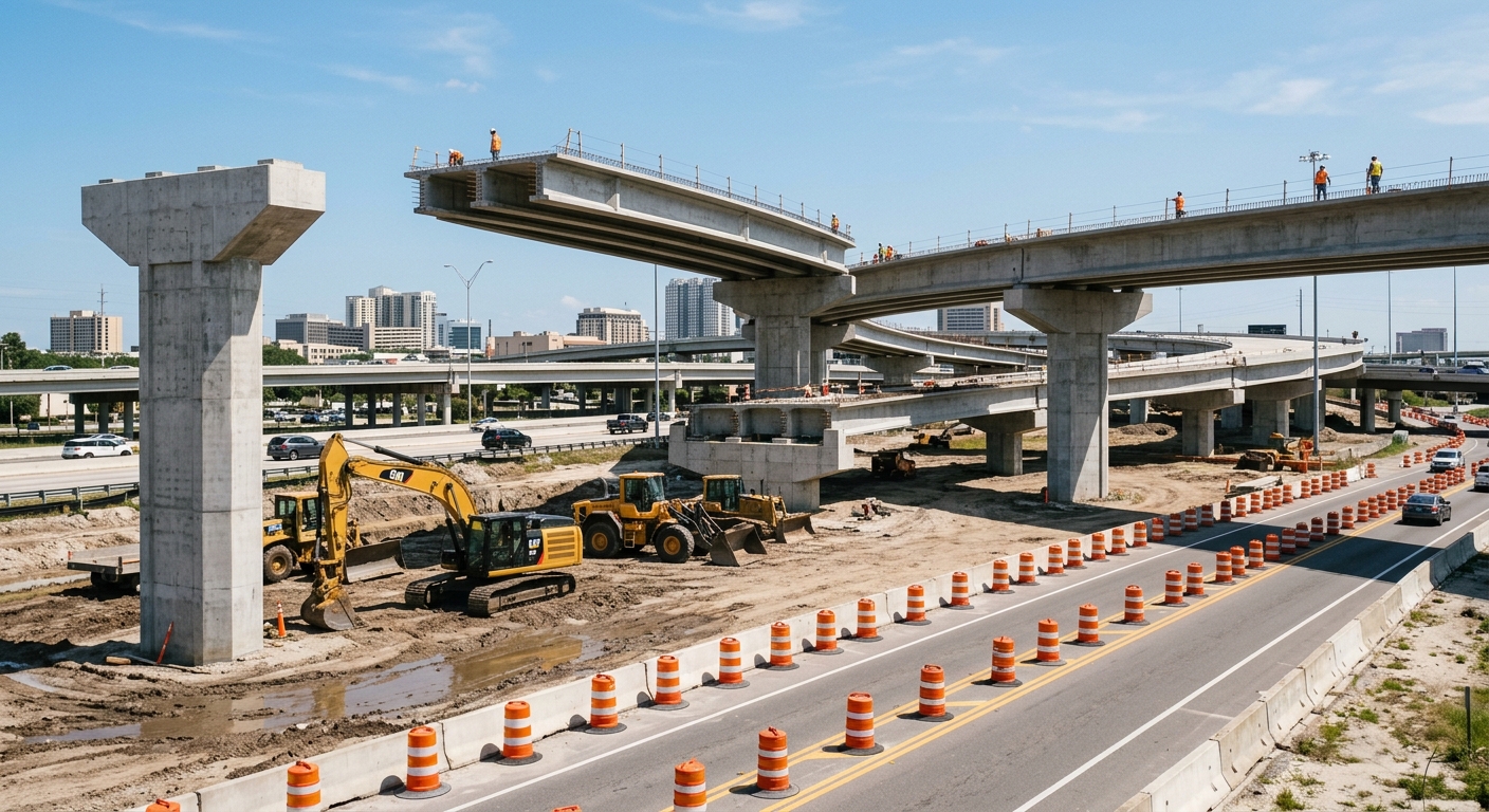 an ongoing highway construction site with elevated concrete flyovers, lined with orange and white traffic barrels, earthmoving equipment parked near massive con