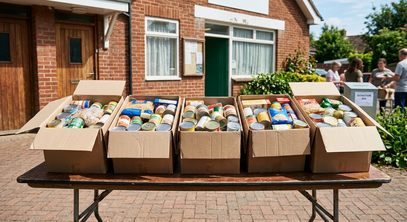 several plain cardboard boxes filled with assorted canned goods and non-perishable food items sitting on a folding table outside a red brick community building