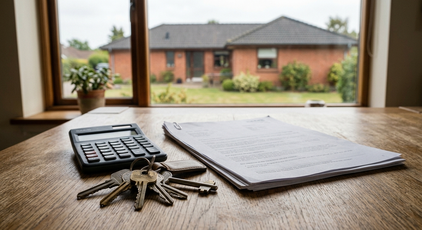 a set of house keys, a basic calculator, and a stack of printed documents resting on a wooden dining table, with a slightly blurred view of a single-story brick