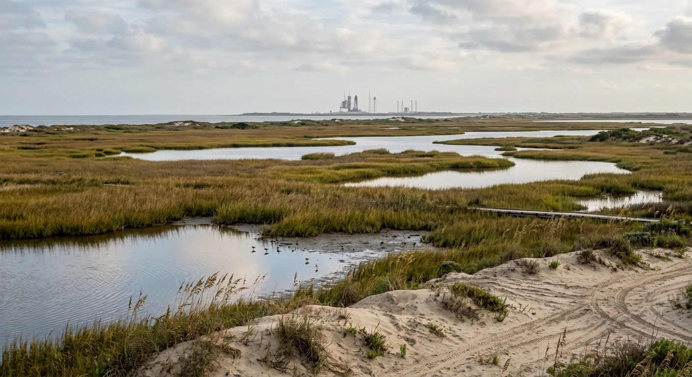 a quiet coastal wetland area with sandy dunes, tall marsh grass, and shallow water reflecting the sky, representing a protected state park in South Texas, with