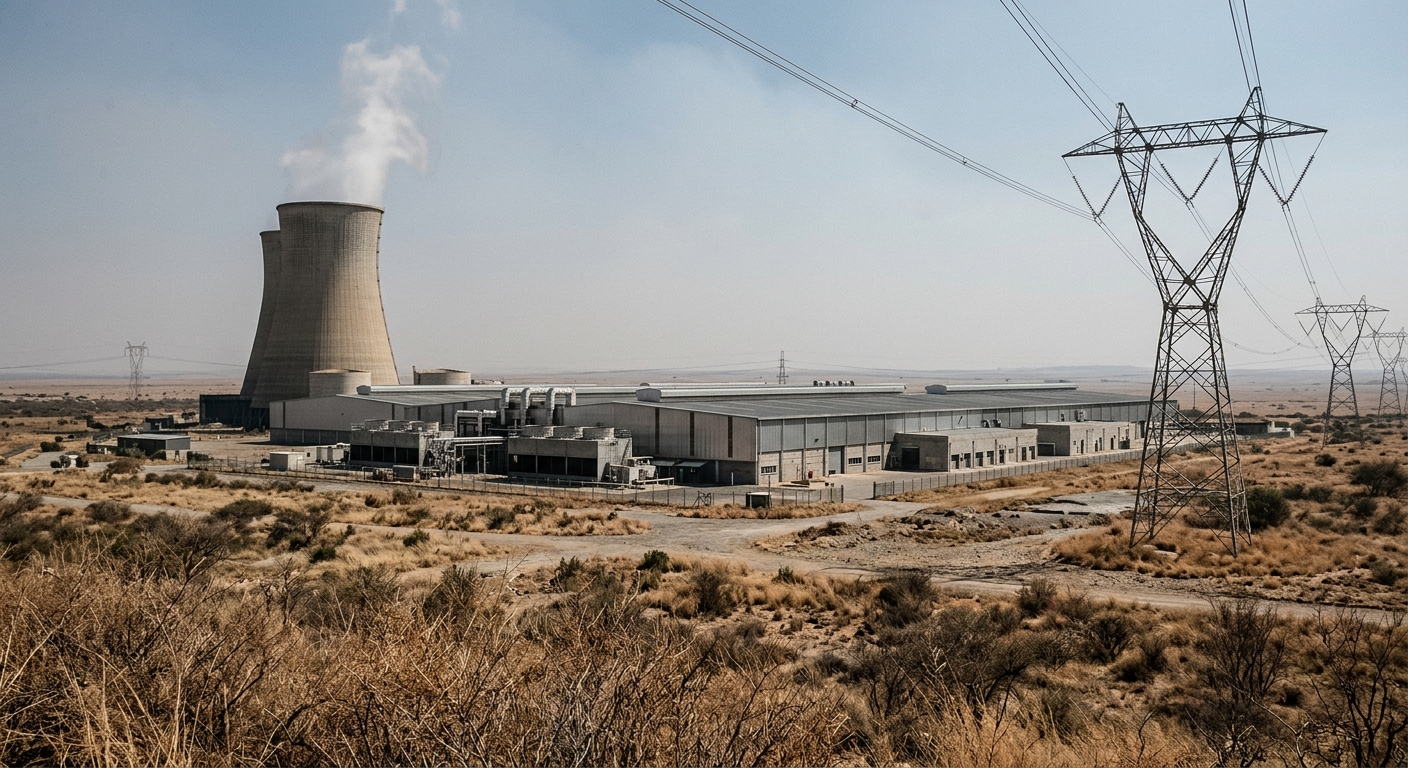 an industrial cooling tower and large warehouse structures associated with a data center facility, surrounded by dry brush and tall steel power transmission lin