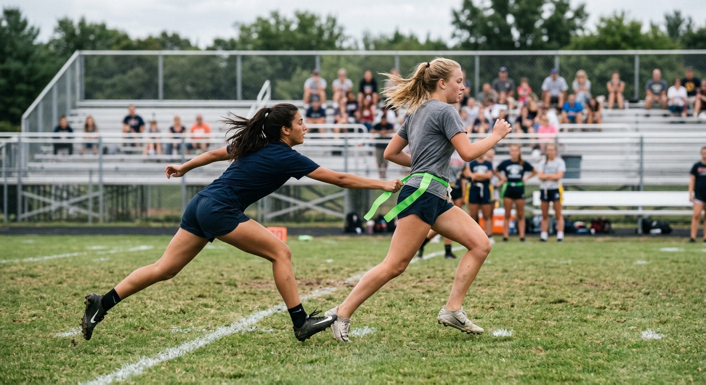 two high school girls in plain athletic sportswear reaching for a flag during a flag football game on a grassy athletic field, with a chain-link fence and metal