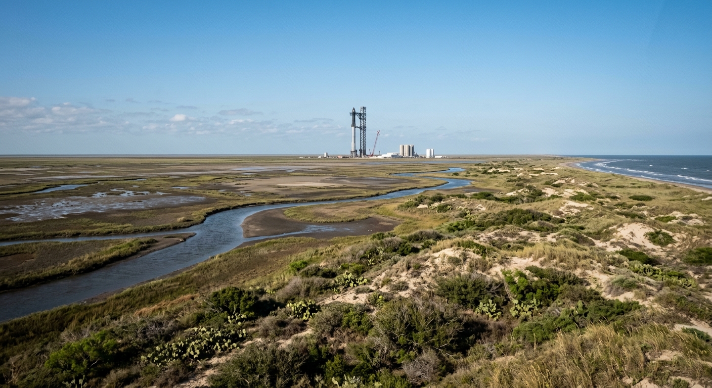 a wide expanse of coastal wetlands, sand dunes, and low scrub brush in South Texas, with a tall metallic rocket testing facility visible far in the background a