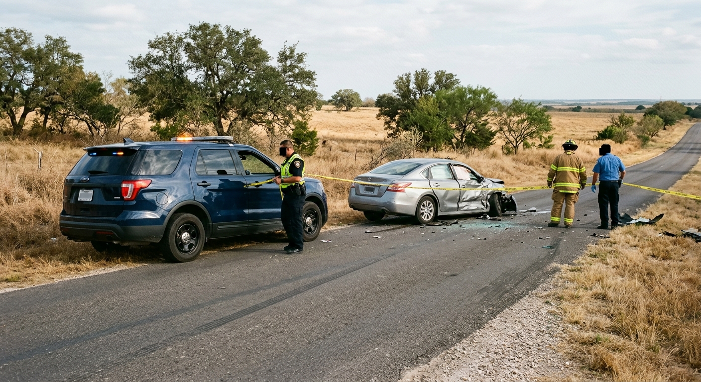 a traffic collision scene on a flat suburban county road, featuring an unmarked law enforcement SUV parked next to a damaged sedan, a few anonymous first respon
