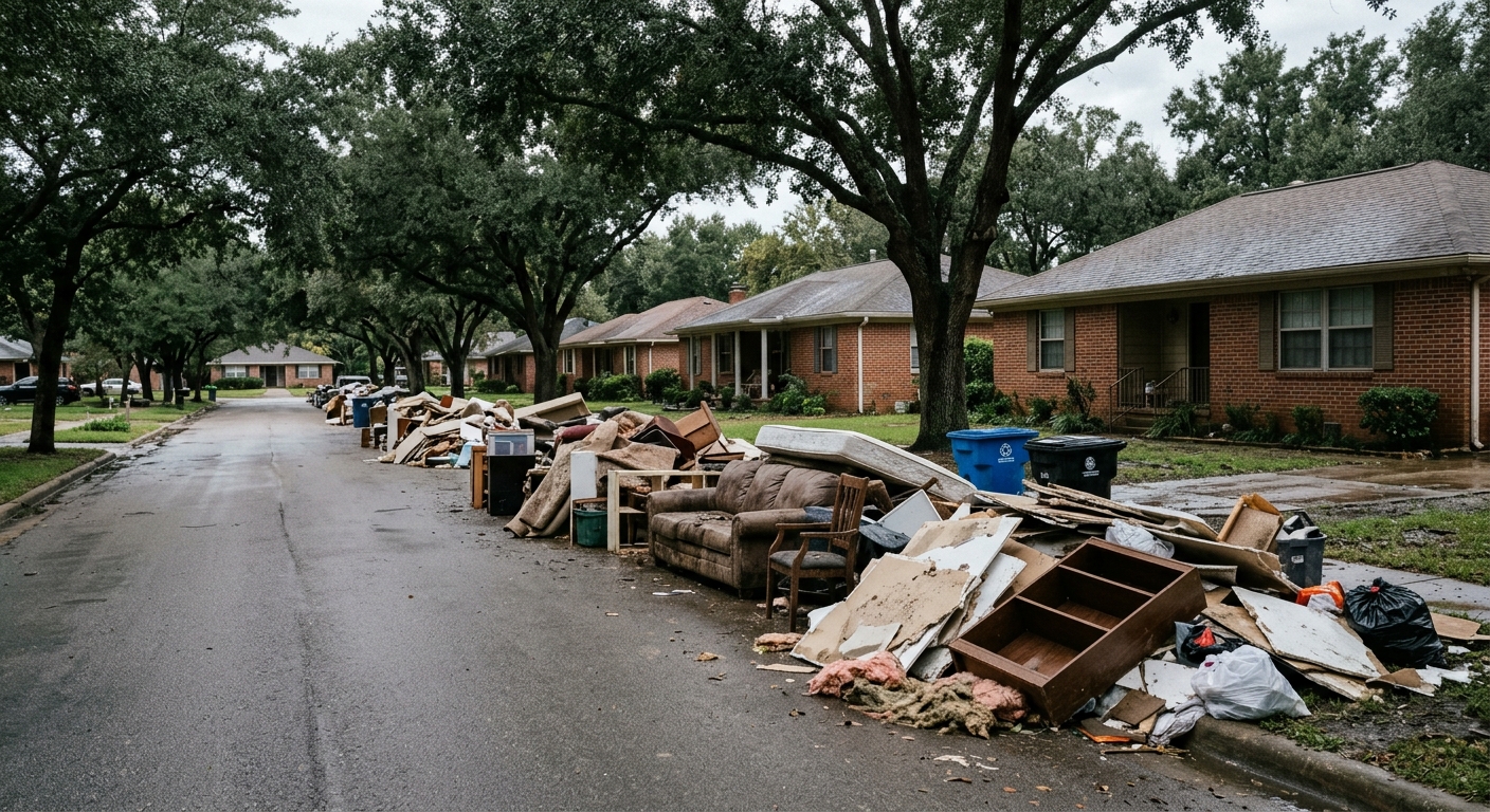 piles of water-damaged drywall, ruined furniture, and debris gathered on the curb of a suburban street lined with single-story brick homes and oak trees, showin