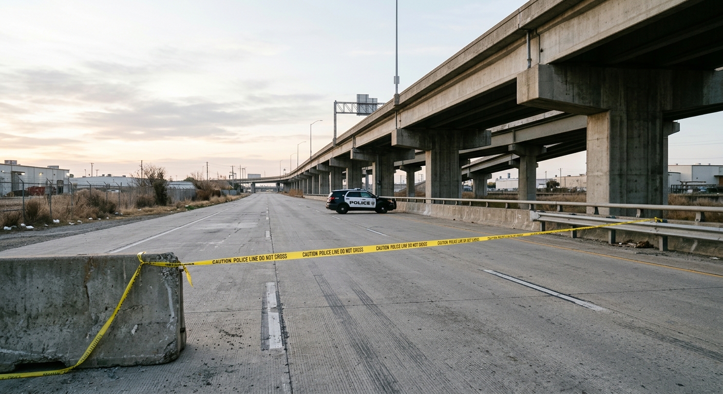 a wide concrete service road running alongside a large elevated highway overpass in the early morning, with a police cruiser parked in the distance blocking a l