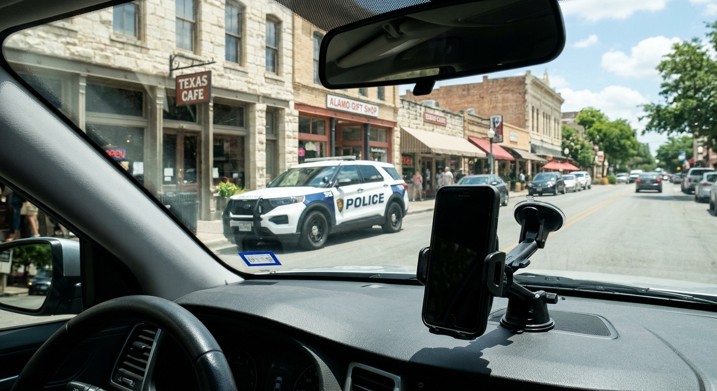 a smartphone secured to a dashboard mount inside a car, looking through the windshield at a police cruiser parked on a sunlit urban street with Texas style arch