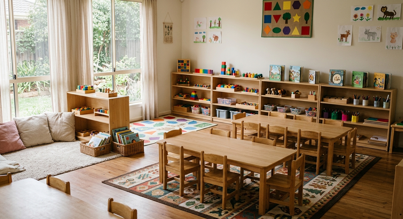 an empty, well-organized early childhood day care classroom featuring small wooden tables, colorful educational toys on low shelves, and a soft reading rug, nat