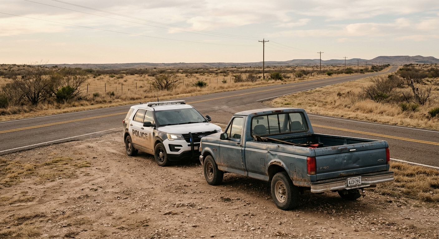 a local police cruiser parked behind a weathered pickup truck on the dusty shoulder of a two-lane road in a rural Texas town, surrounded by dry brush and an emp