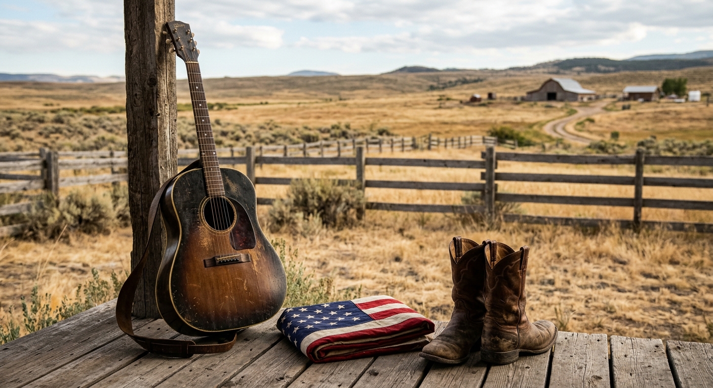 a well-worn acoustic guitar resting next to a neatly folded American flag and a pair of leather cowboy boots on a rustic wooden porch overlooking a dry, grassy