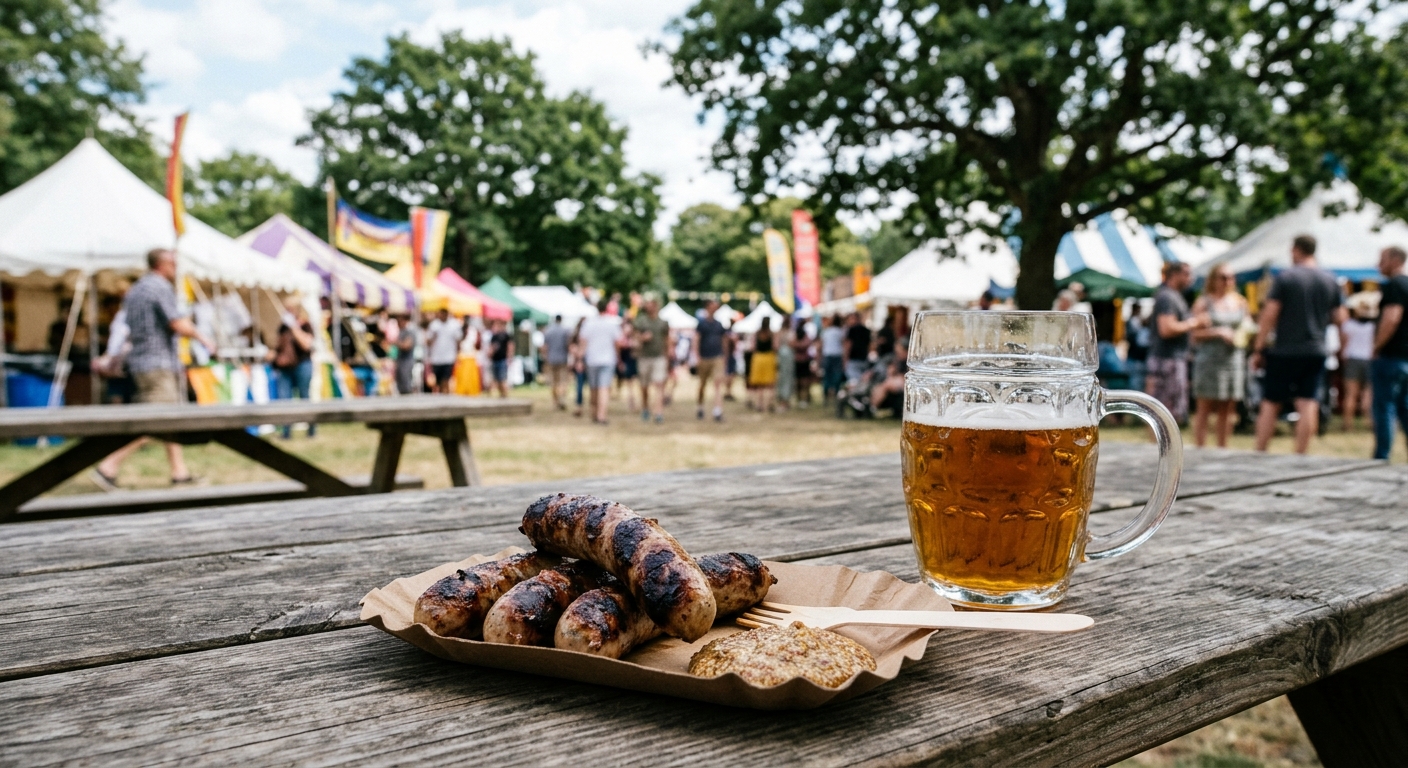 grilled bratwurst sausages on a paper tray with mustard and a glass stein of beer on a weathered wooden picnic table, blurred festival tents, large oak trees, a