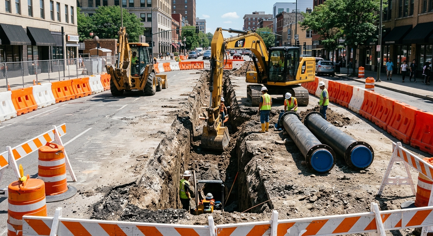 a large excavated trench in the middle of a sun-baked urban asphalt street, featuring heavy yellow construction machinery and large industrial water pipes resti