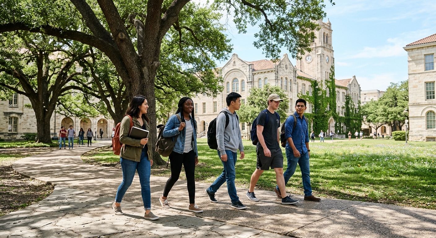 diverse college students walking with backpacks along a paved pathway lined with large oak trees and limestone academic buildings on a sunny Texas university ca