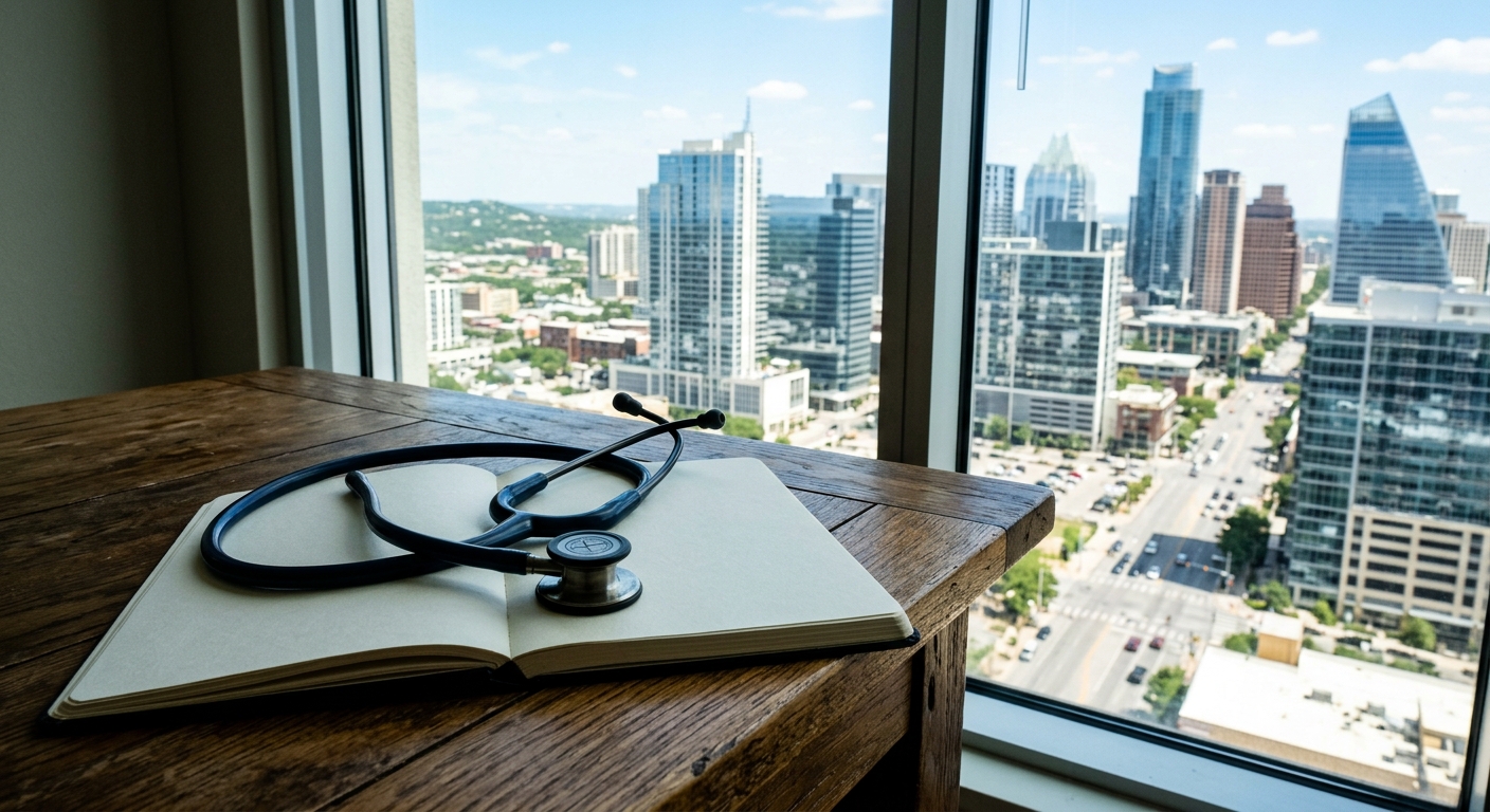 a medical stethoscope resting on an open, blank journal on a wooden desk next to a window overlooking a sunny, modern city skyline typical of Texas, natural eve