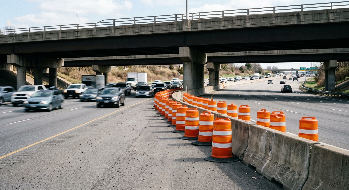 a row of orange construction barrels and concrete barriers lining a wide multi-lane highway under an overpass, with blurred daytime traffic passing by in the di