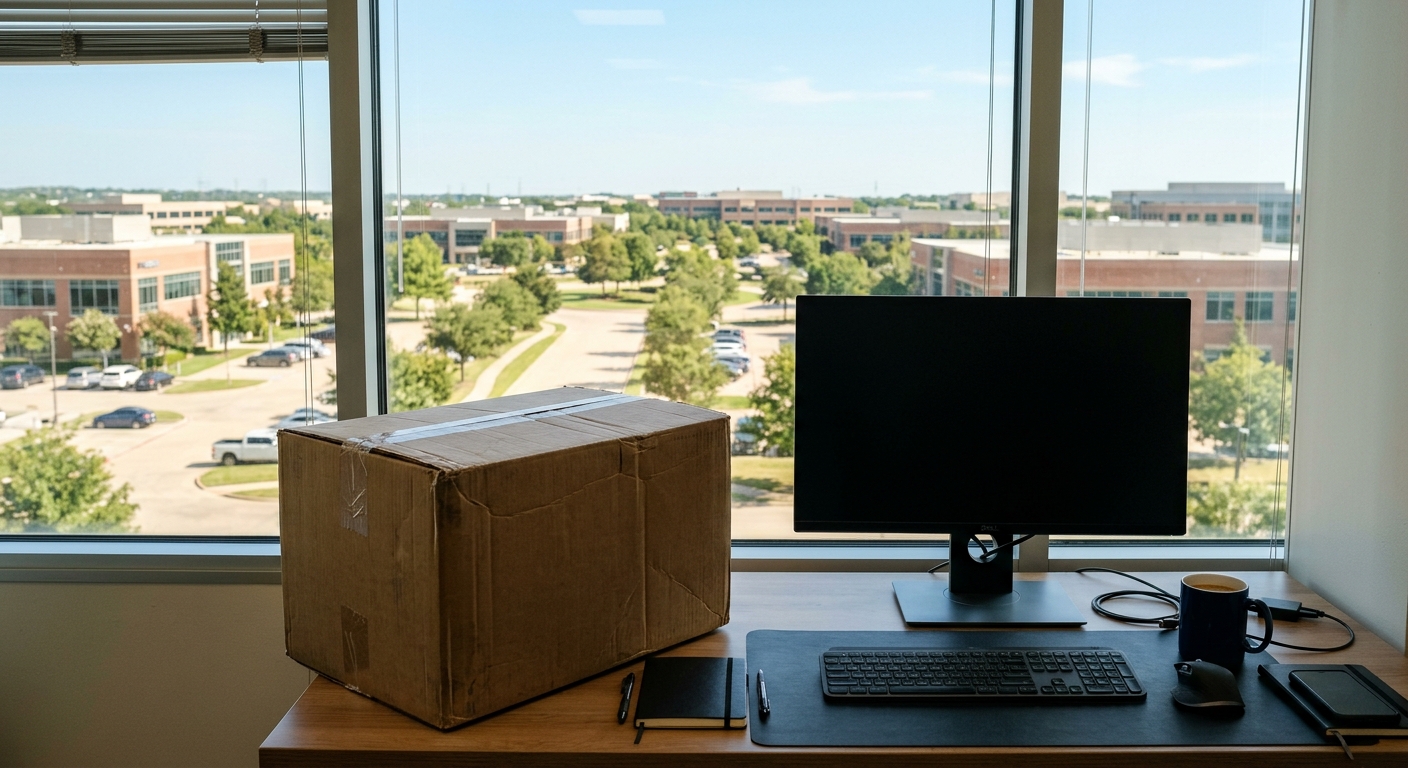 a cardboard packing box resting on a modern desk next to a blank black computer monitor, with a large window in the background showing a sprawling, sunny suburb
