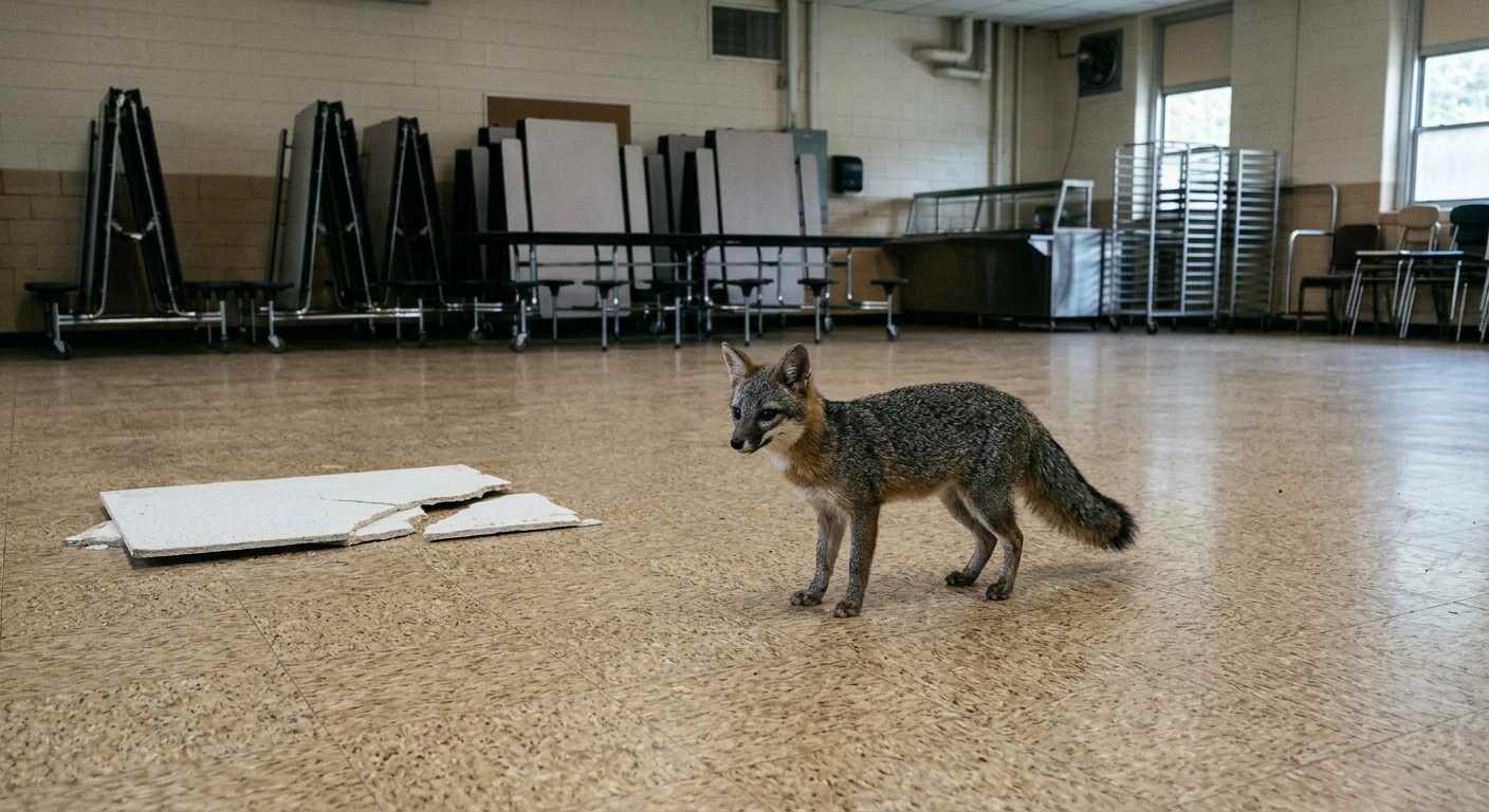 a small gray fox standing cautiously on the speckled linoleum floor of an empty high school cafeteria, with standard folded lunch tables in the background and a