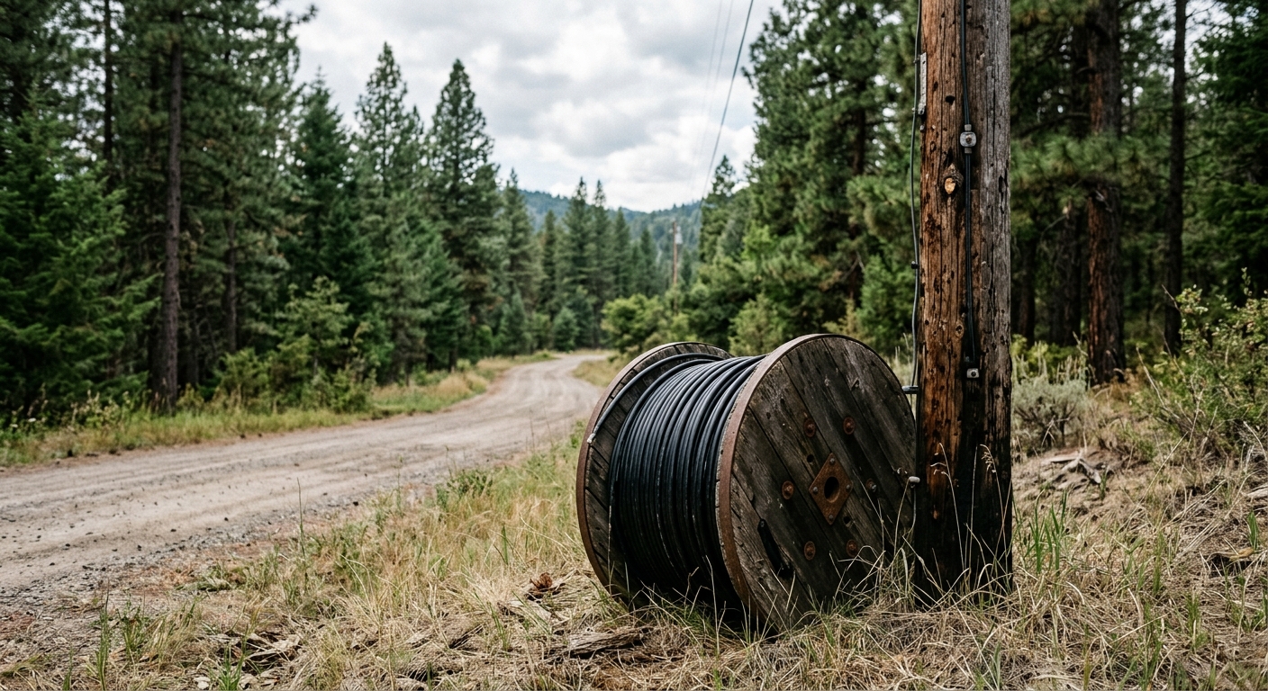 a large wooden spool of black fiber optic cable resting on dry grass next to an aged wooden utility pole along a rural dirt road lined with tall pine trees, nat
