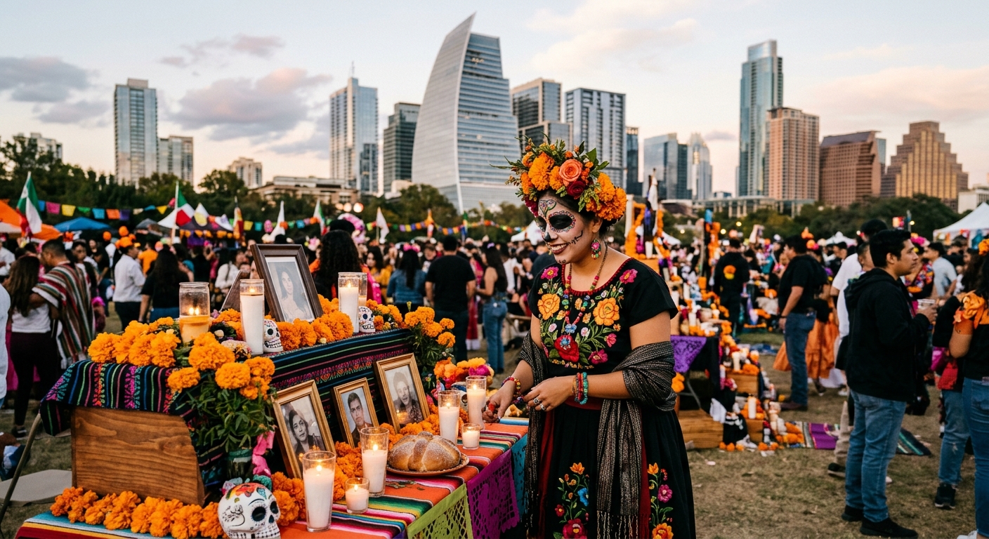 a Dia de los Muertos festival gathering in a downtown Texas city park, featuring an attendee wearing traditional La Catrina skull face paint and a floral crown