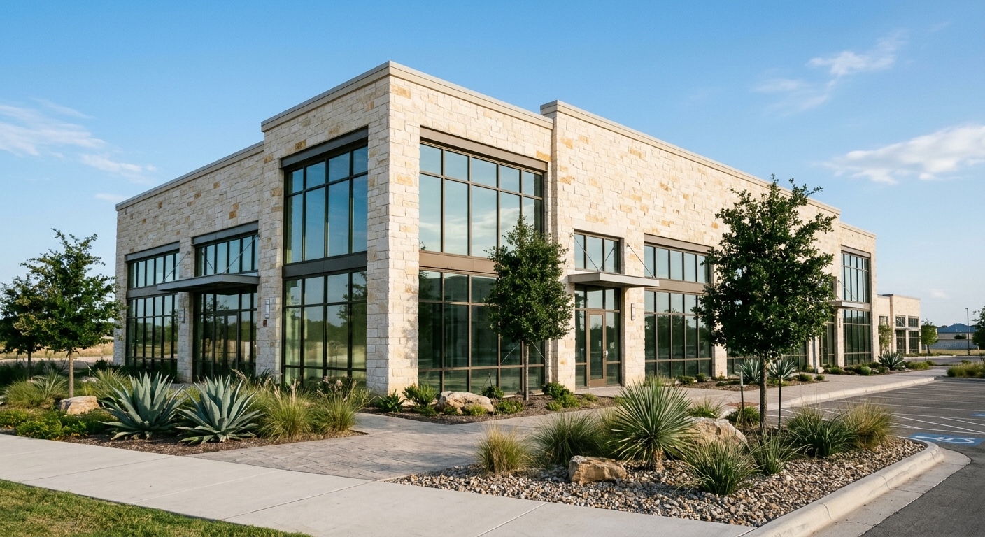 a modern, two-story commercial retail building nearing completion, featuring light limestone masonry and large storefront windows, surrounded by native Texas la