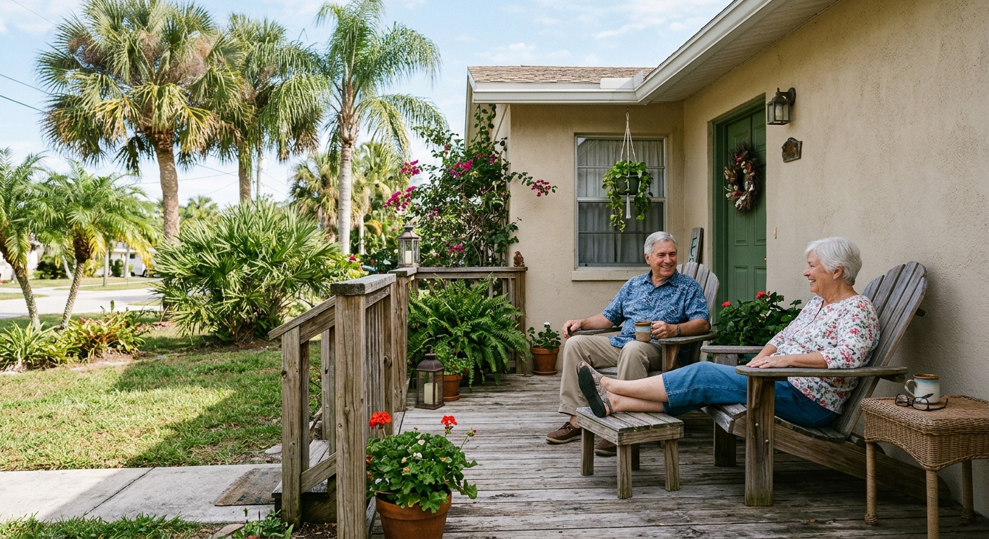 an older couple relaxing in patio chairs on the porch of a modest single-story stucco home with palm trees in the front yard under a sunny sky, natural everyday