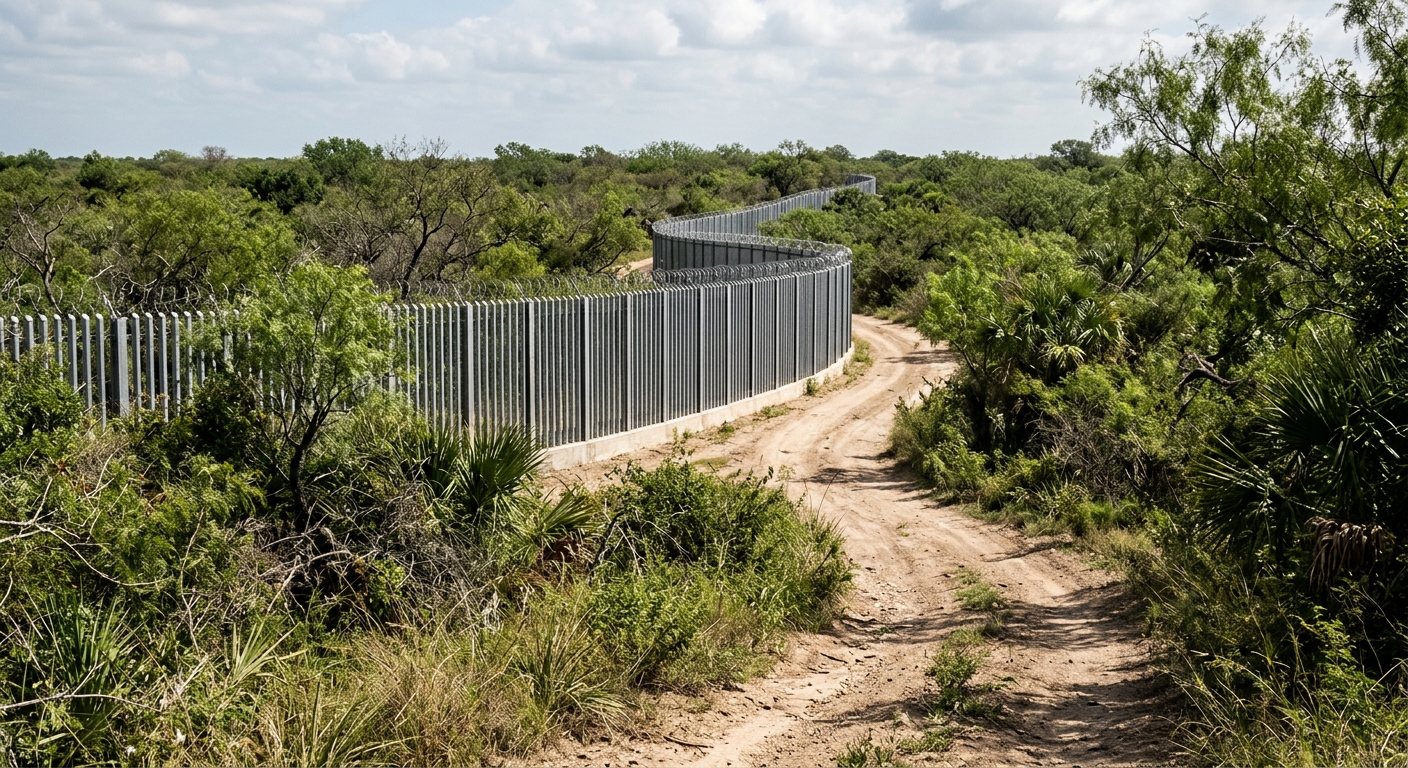 a dirt levee winding through dense brush and subtropical trees typical of a South Texas wildlife refuge, with a section of tall steel fencing intersecting the n