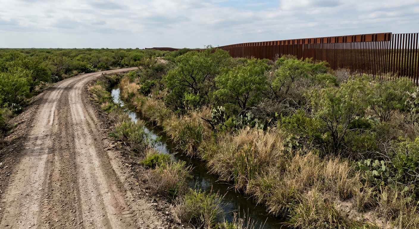 a dirt levee running alongside a dense, brushy wildlife refuge in South Texas, featuring native mesquite trees, tall dry grasses, and a narrow water canal, with