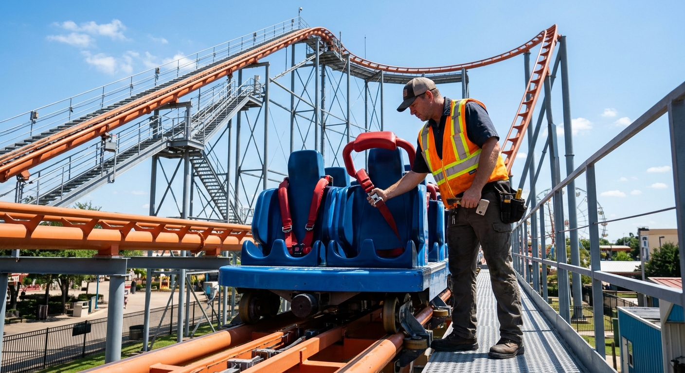 a maintenance worker in a high-visibility vest inspecting the safety restraints and seat belts of an empty roller coaster car stopped on its tracks, set against
