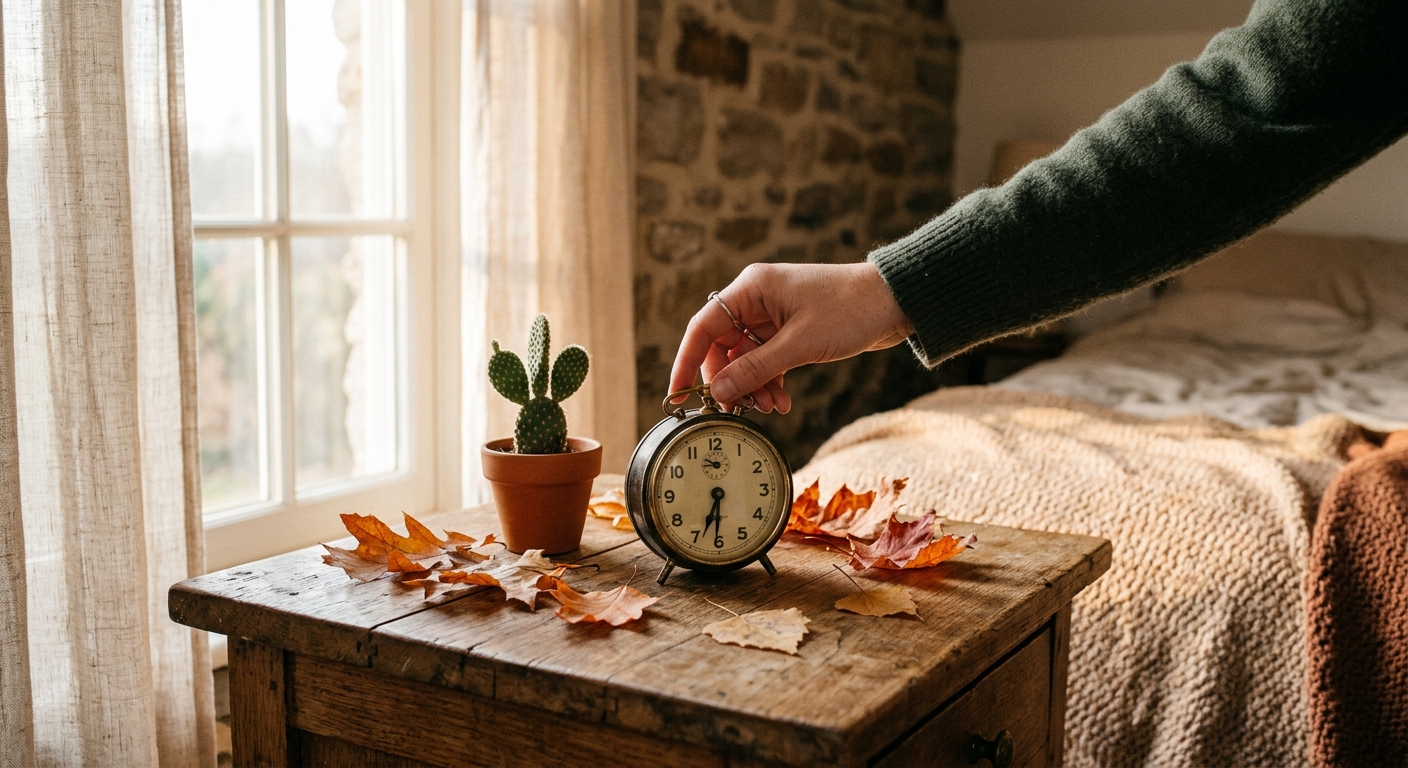 a person's hand adjusting a small analog clock on a rustic wooden nightstand, soft early morning dawn sunlight streaming through a bedroom window, a small potte