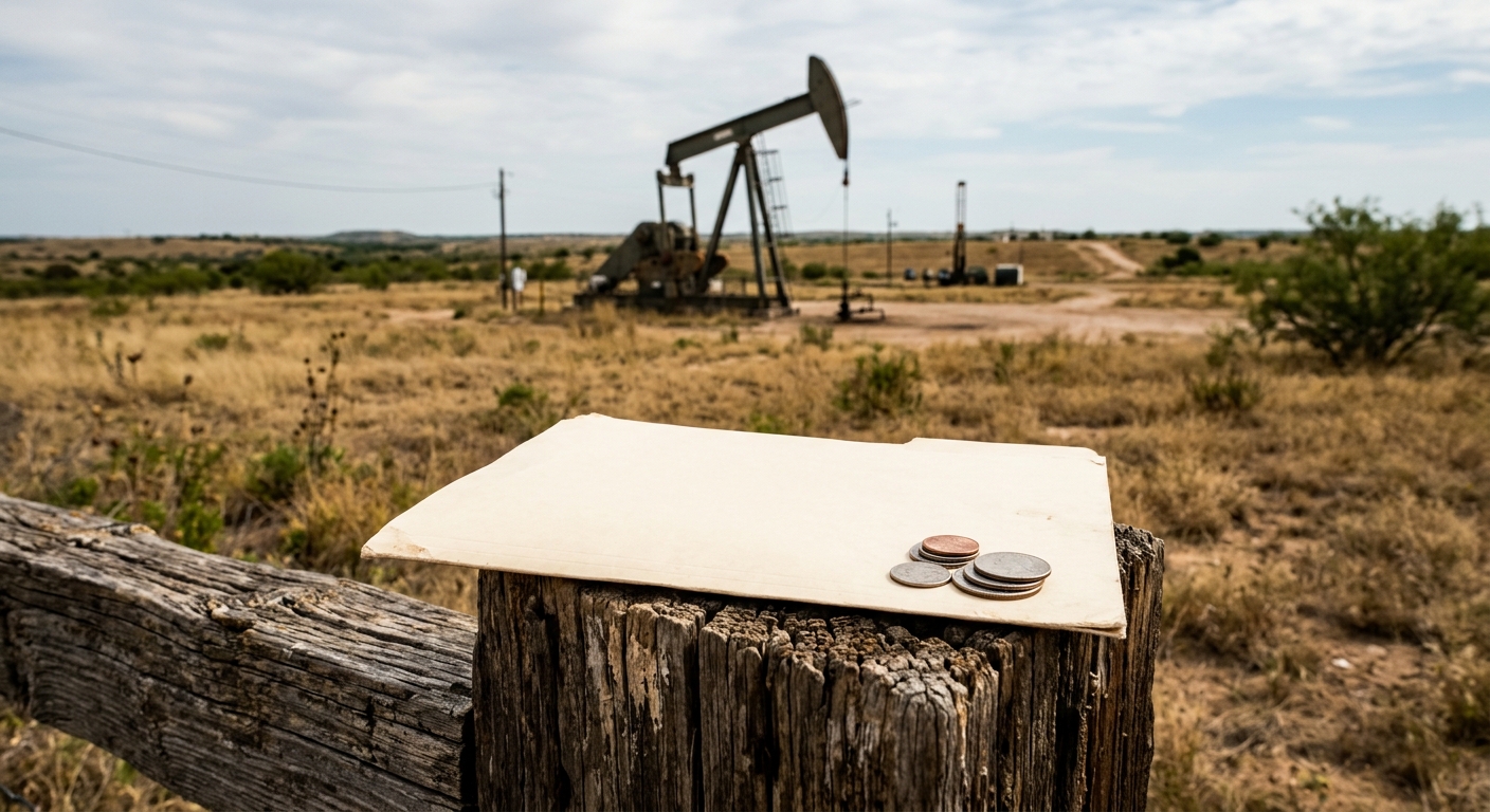 a plain manila folder and a small stack of coins resting on a weathered wooden fence post, with a large oil pumpjack operating in a dry, grassy Texas field in t
