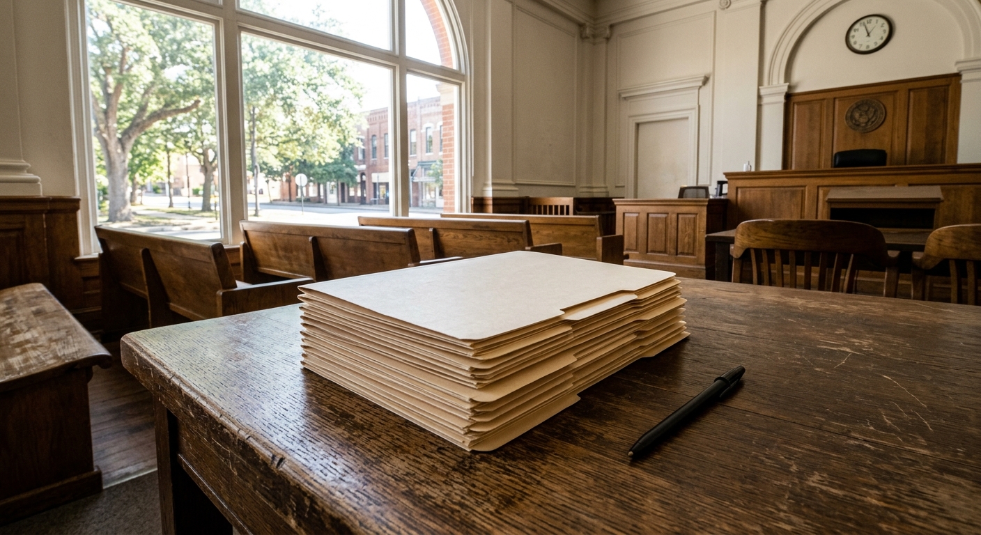 a stack of plain manila folders and a black pen on a heavy wooden table inside a brightly lit, empty courtroom, with a sunlit street and oak trees visible throu