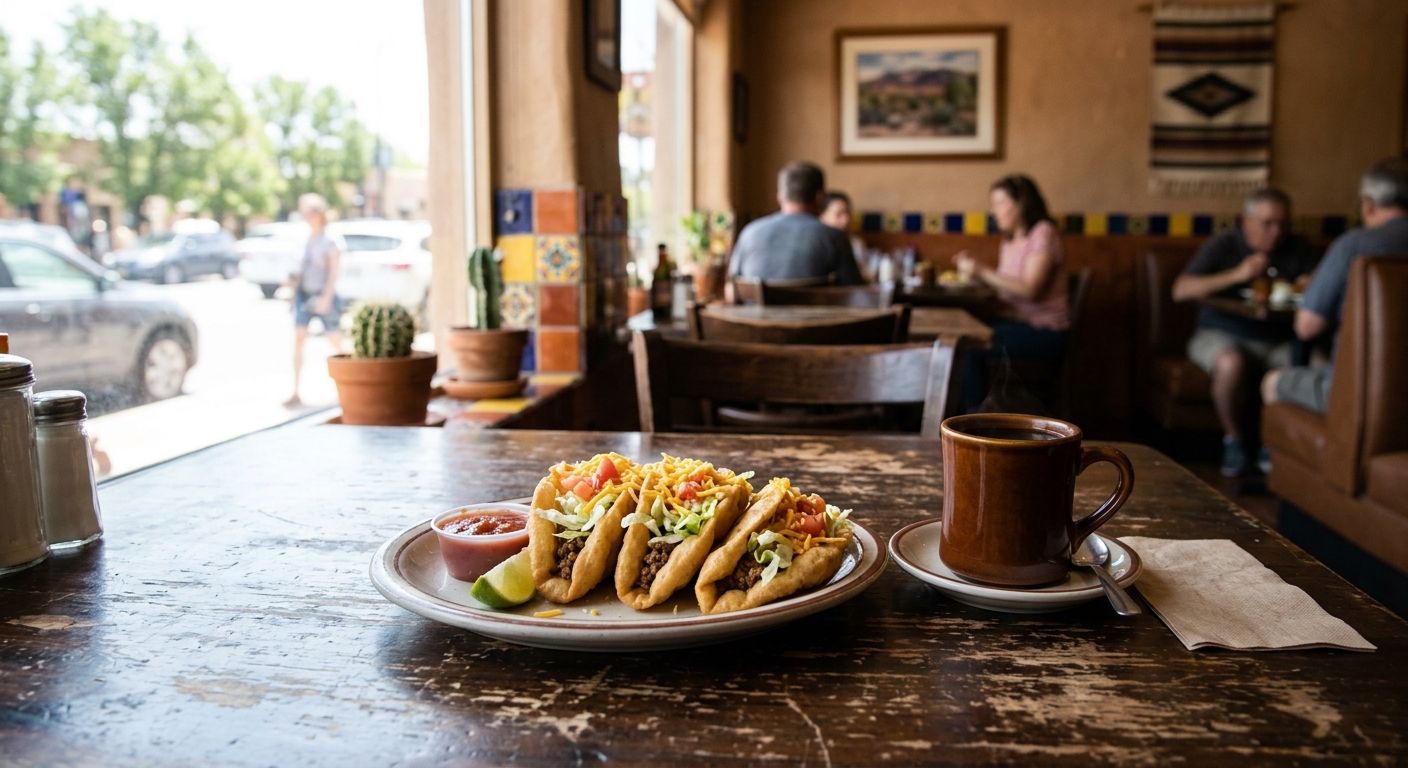 a plate of traditional puffy tacos and a cup of black coffee on a worn wooden table inside a cozy, neighborhood Tex-Mex diner with sunlit windows and simple Sou