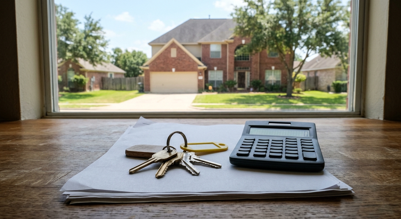 a set of house keys and a basic calculator resting on top of a stack of paper documents on a wooden kitchen counter, with a sunlit suburban brick house typical