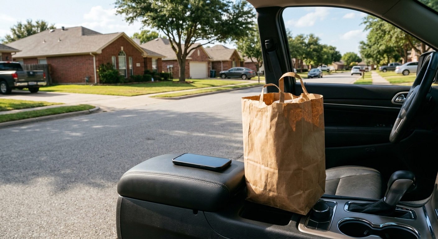 a smartphone resting on the center console of a vehicle next to a generic brown paper shopping bag, parked on a wide sunlit suburban street with single-story br