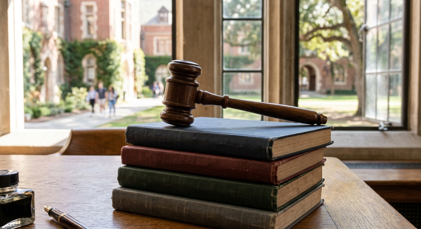 a heavy wooden gavel resting on a stack of closed academic textbooks on a desk, with a softly blurred background showing a sunlit university campus courtyard fe