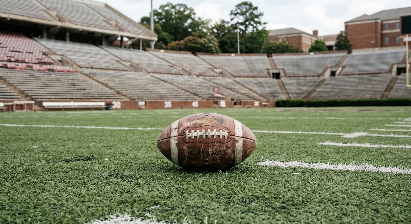 a lone, well-worn American football resting on the green turf of an empty college stadium, with rows of vacant metal bleachers slightly out of focus in the back