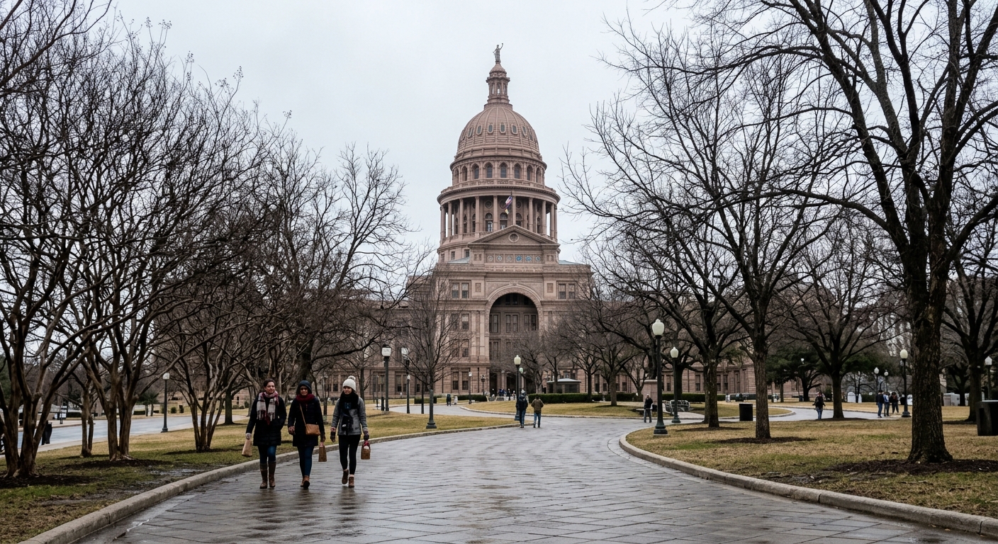 the Texas State Capitol building dome viewed from a nearby paved walkway, surrounded by bare winter trees and a few pedestrians walking in the distance, natural