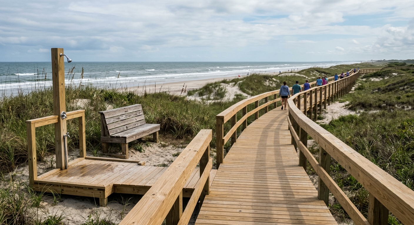 a newly constructed wooden pedestrian boardwalk extending over sandy dunes covered in coastal grass towards a flat ocean beach, with a small outdoor rinse stati