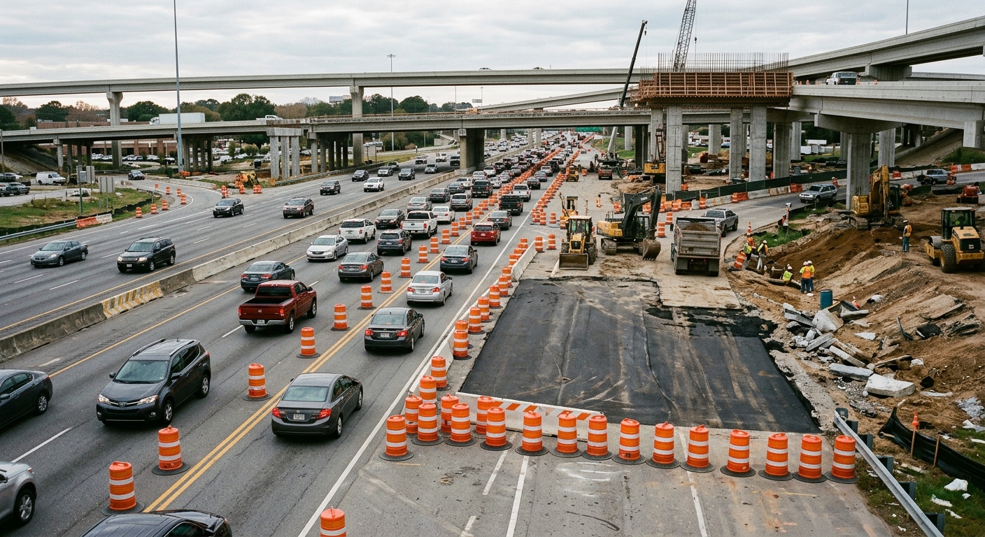 a multi-lane highway under heavy construction with orange traffic barrels blocking off an exit ramp, cars navigating a lane reduction, concrete overpasses typic