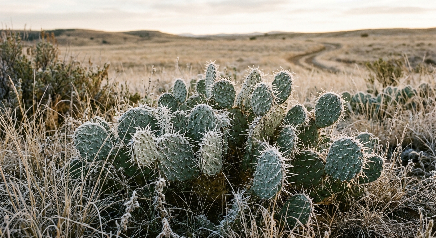 a light morning frost covering the pads of a prickly pear cactus in a dry grassy field, natural everyday lighting, shot on a DSLR camera, slight film grain, com