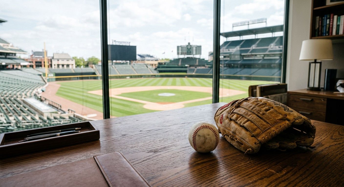 a white baseball and a leather fielder's glove resting on a large wooden desk inside a sports management office, with an empty sunlit baseball stadium field vis